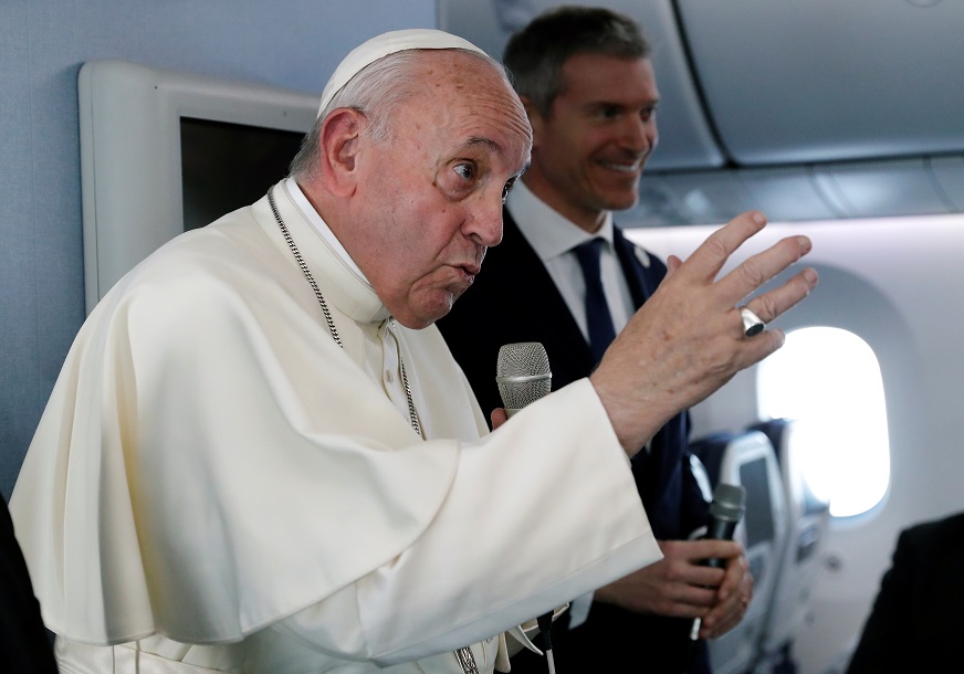 Pope Francis in an in-flight press conference on November 26, 2019 (by Remo Casilli/Reuters)
